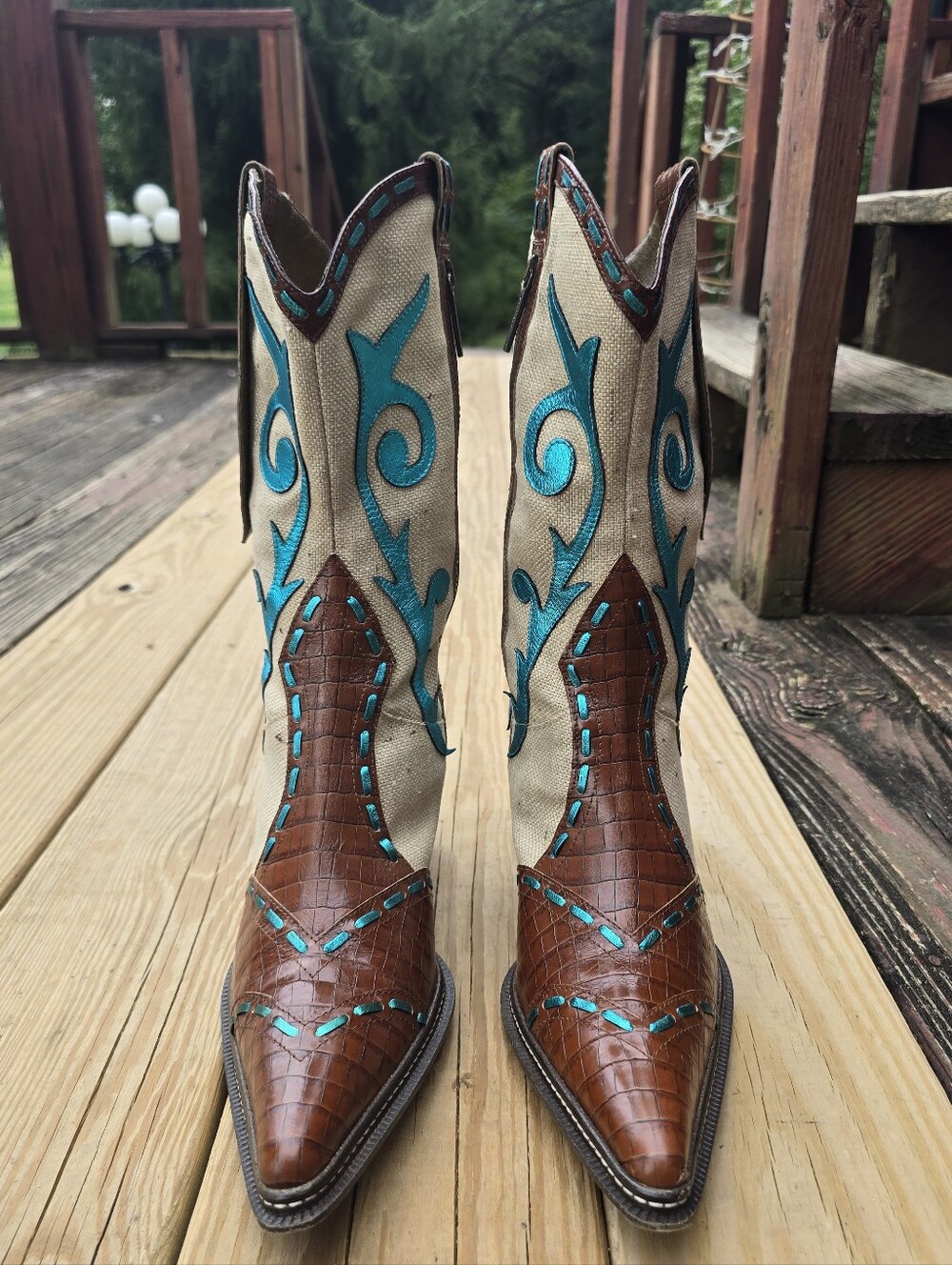 Donald J. Pliner Western Couture, Brown, Beige, Turquoise Boho Boots, Sz 11M - Picture 3 of 15